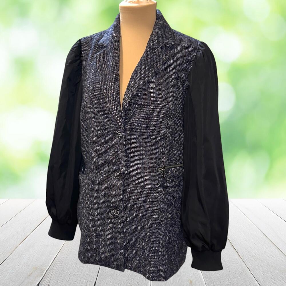 MAEVE Anthropologie Tweed Jacket Mixed Media Balloon Sleeve Blue Zip Front Sz 4